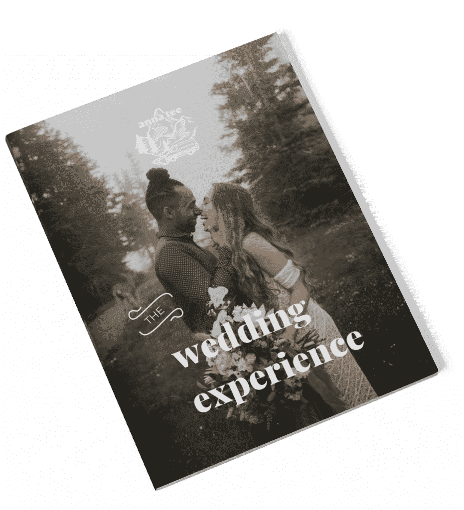 A mockup of the wedding guide is lying on a white background. On the cover is a photo of a couple after their wedding ceremony, and the caption reads "the wedding experience."