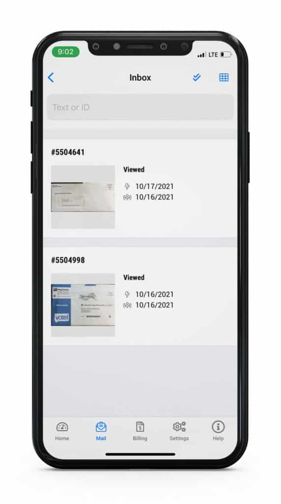A mockup of an iPhone with the Virtual Mailbox app, showing how to get mail on the road.