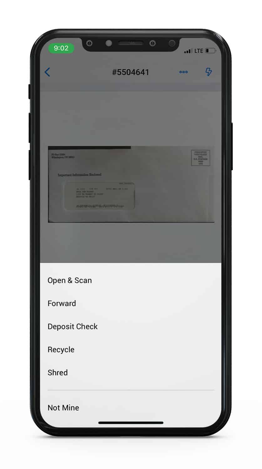 A mockup of an iPhone with the Virtual Mailbox app, showing how to get mail on the road.