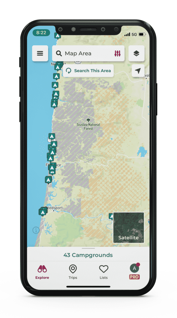 A mockup of the dyrt app on an Iphone, being used to find campsites on a road trip.