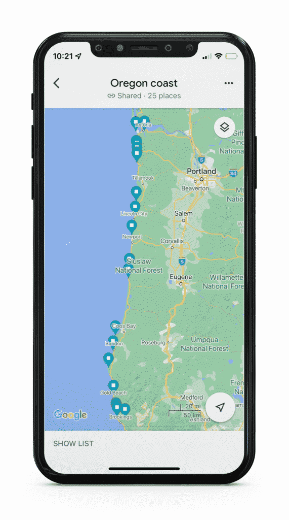 A mockup of the Google Maps app on an iphone, being used to plan a road trip with saved locations.