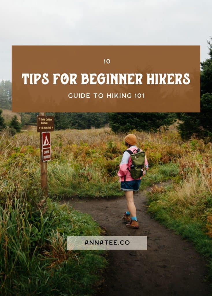A graphic for Pinterest. The background photo is a girl standing on a dirt trail looking at a sign, surrounded by greenery. The text says "10 hiking tips for beginners."