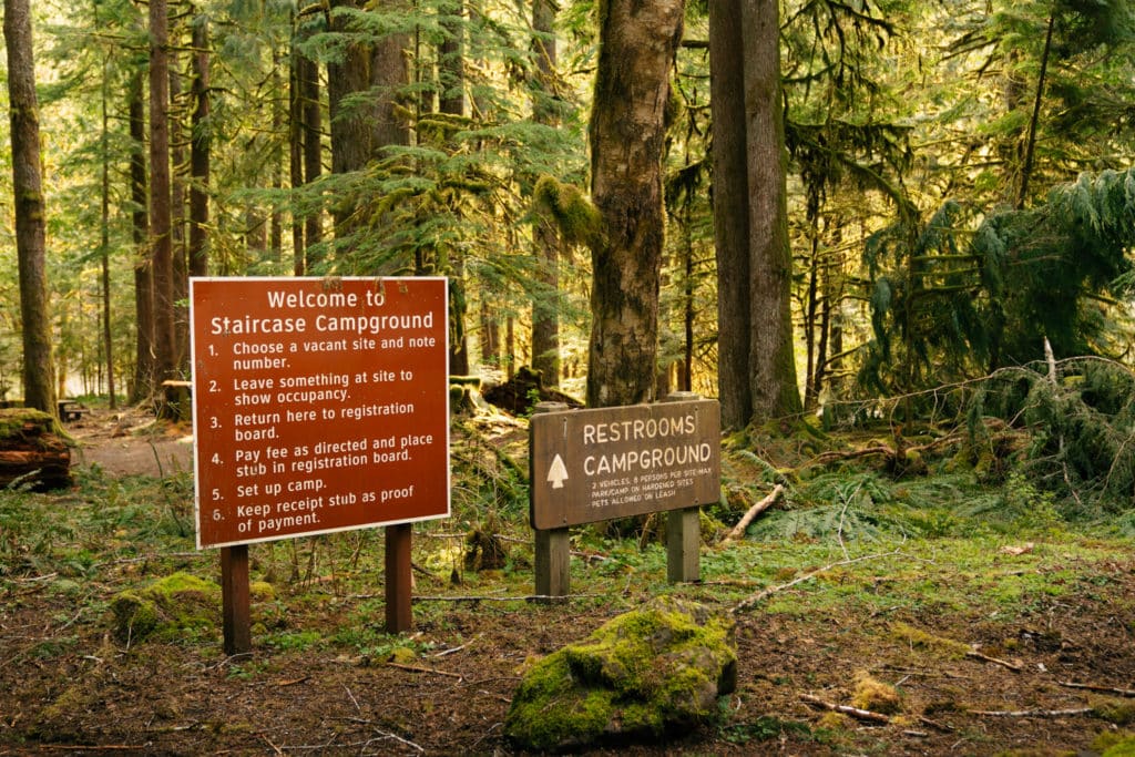 A sign for the Staircase Campground near Lake Cushman.