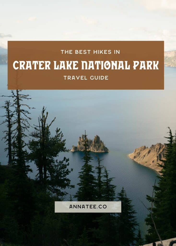 A Pinterest graphic that says "the best hikes in Crater Lake National Park."
