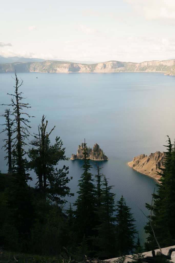 A view of Phantom Ship Island from the Sun Notch Trail, which is one of the best hikes in Crater Lake National Park.