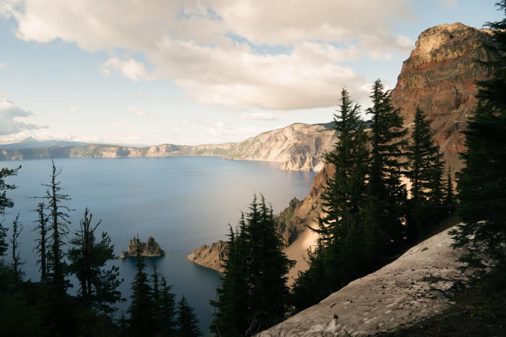 A view of the lake and surrounding cliffs from the Sun Notch Trail, which is one of the best hikes in Crater Lake National Park.