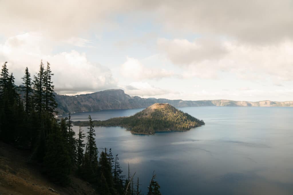 The view of Wizard Island from the Discovery Point Overlook, which is also the trailhead for one of the best hikes in Crater Lake National Park.