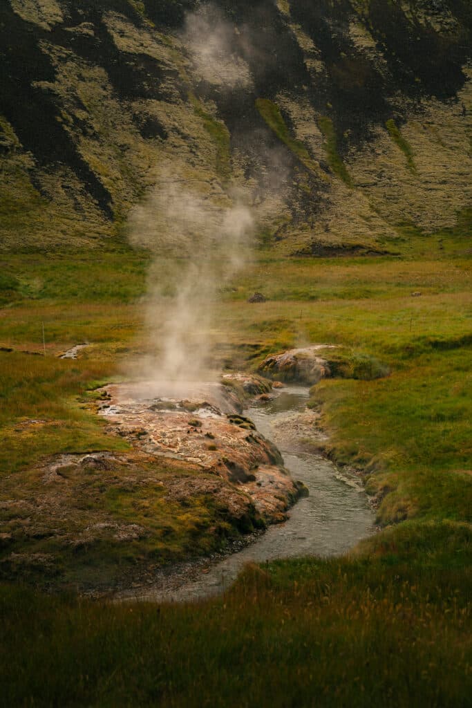 Steam coming up from the Reykjadalur Hot Spring Thermal River.