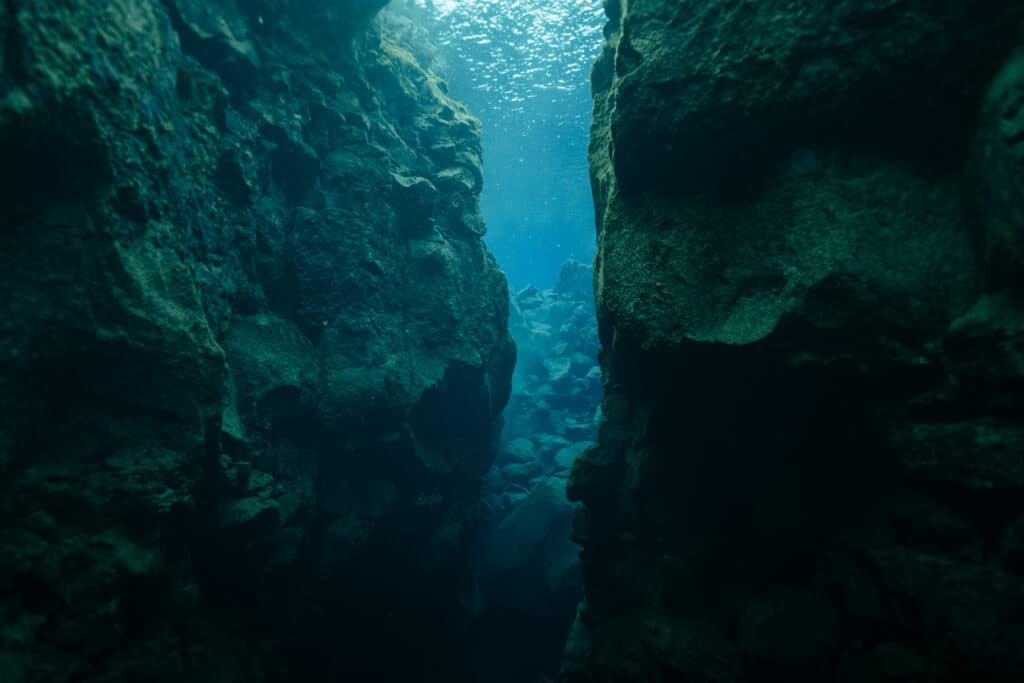 The Silfra Fissure in Iceland from underwater.