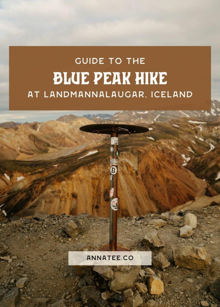 A Pinterest graphic that says "Guide to the Bláhnúkur hike (Blue Peak) at Landmannalaugar."