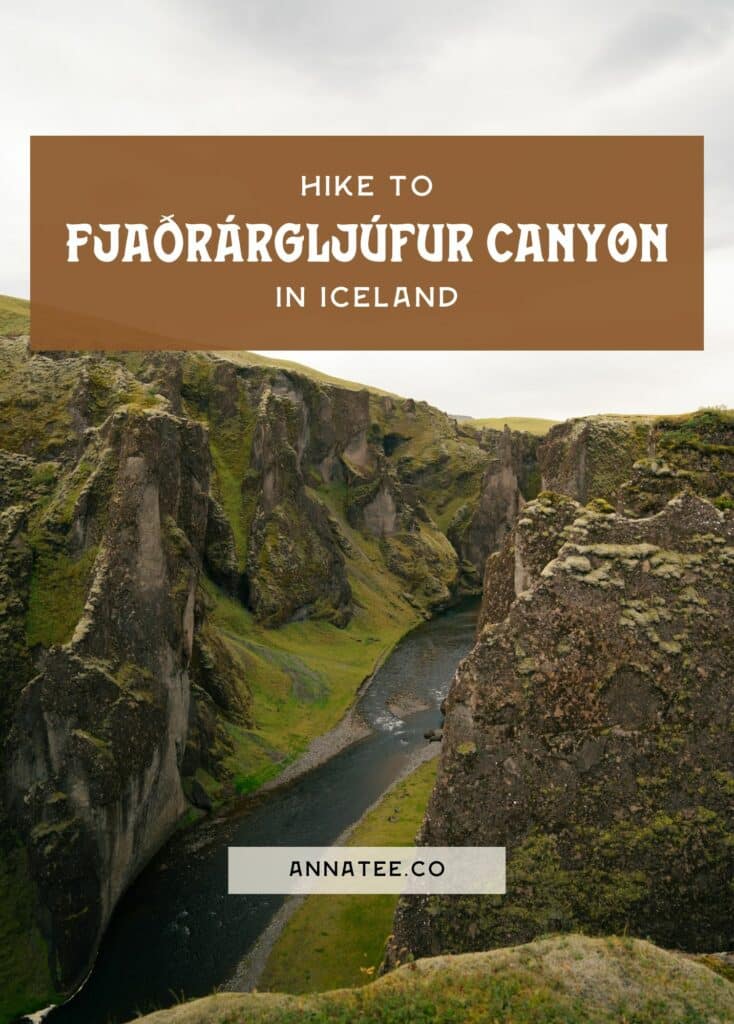 A Pinterest graphic that says "Hike to Fjaðrárgljúfur Canyon in Iceland."