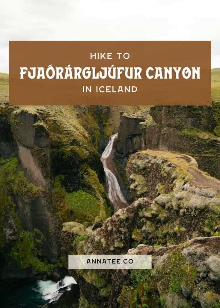 A Pinterest graphic that says "Hike to Fjaðrárgljúfur Canyon in Iceland."