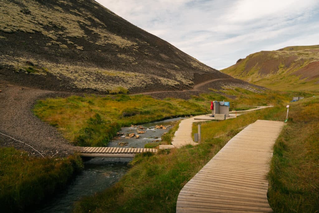 A view of the hot spring along the Reykjadalur Thermal River hike in Iceland.