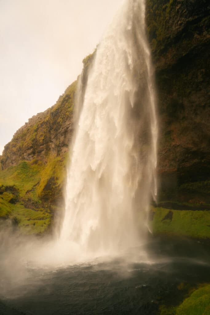 Seljalandsfoss, one of the best waterfalls in Iceland, from the side.