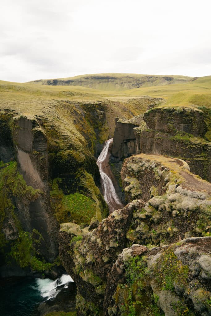 The waterfall at the end of the Fjaðrárgljúfur Canyon hike.