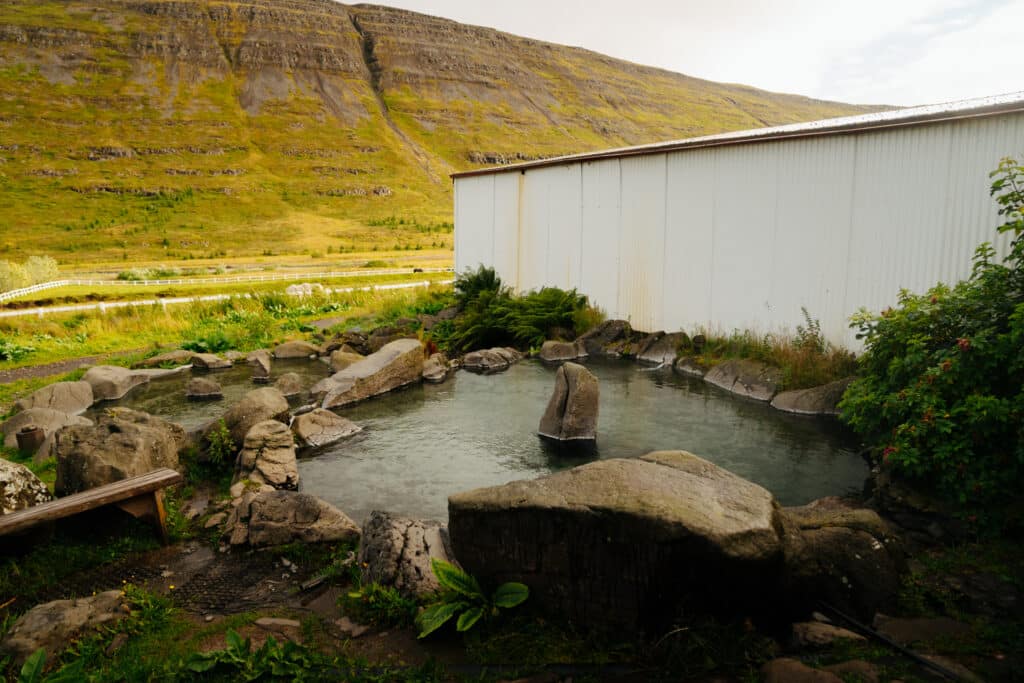 The natural hot springs outside of the Hotel Heydalur.