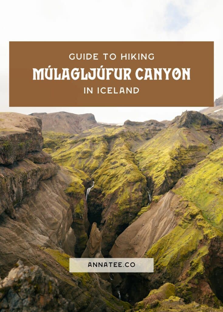 A Pinterest graphic that says "Guide to Hiking Múlagljúfur Canyon in Iceland."
