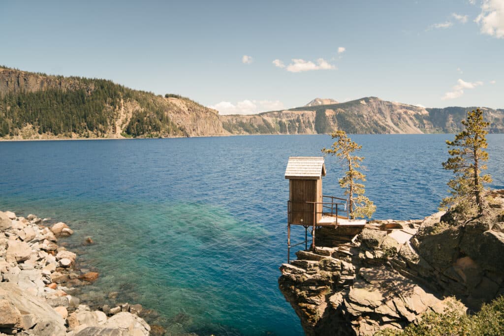 The bottom of the Cleetwood Cove trail, where you can swim in Crater Lake.