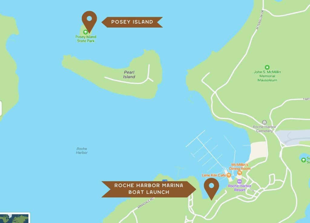 A map showing how to get to Posey Island on a kayak from Roche Harbor.