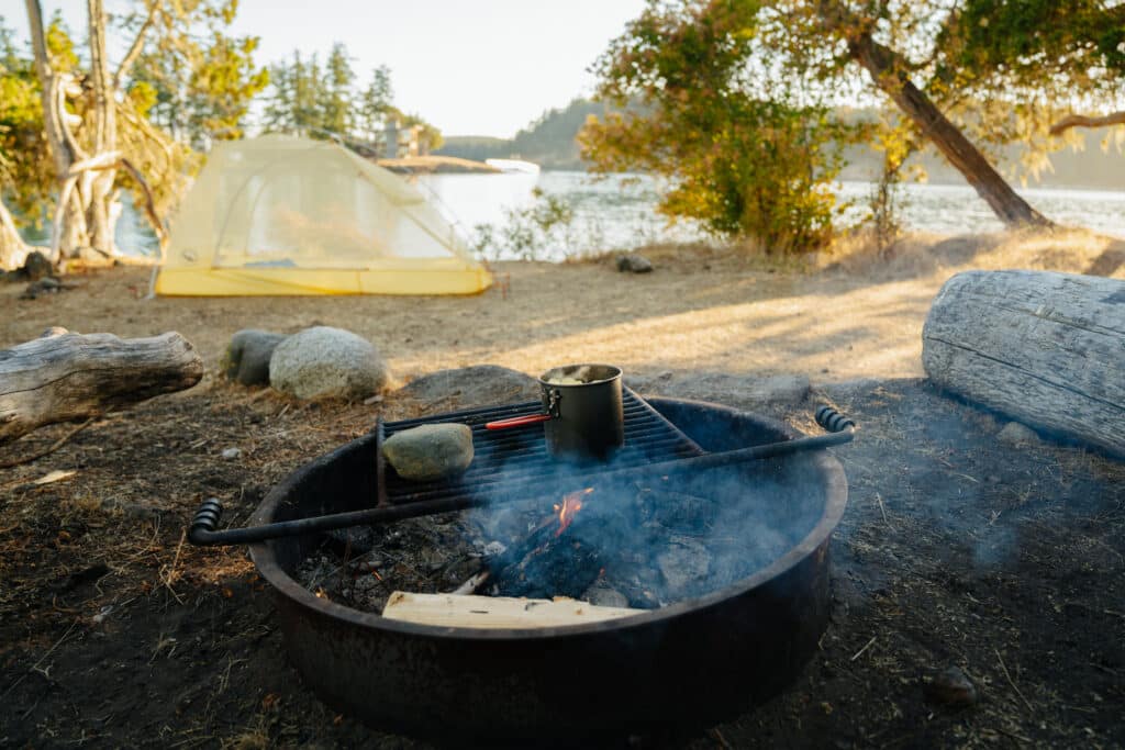 A pot of tortellini on the fire pit at the Posey Island campsite.