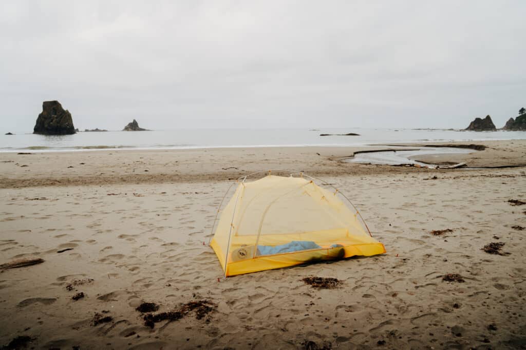 A yellow tent on the beach at a campsite along the South Coast wilderness backpacking trail.