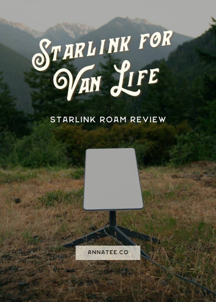 A Pinterest graphic that says "Starlink for Van Life - Starlink Roam Review."