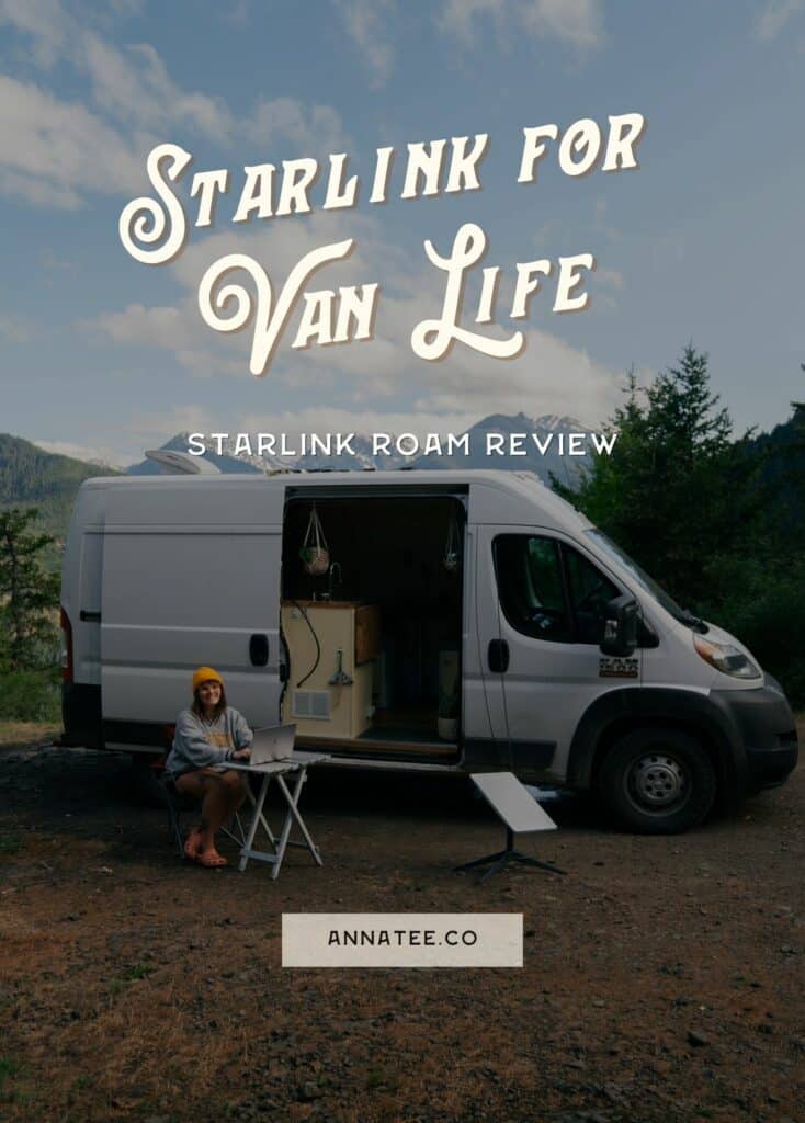 A Pinterest graphic that says "Starlink for Van Life - Starlink Roam Review."