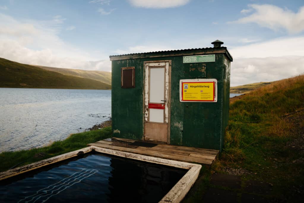 The Hörgshliðarlaug Hot Spring, on a waterfront in the Westfjords, Iceland.